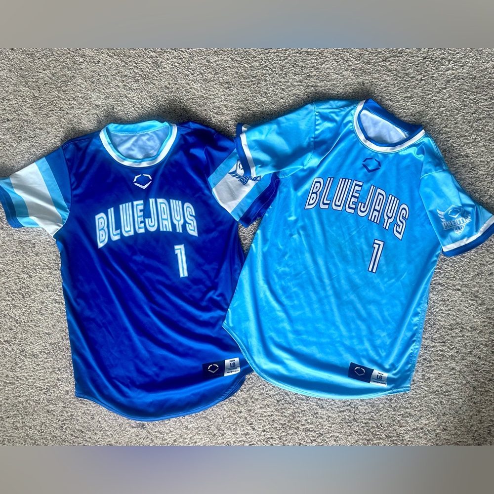 Blue Jays Youth Large Blue & Light Blue EvoShield Baseball Jersey World Series
